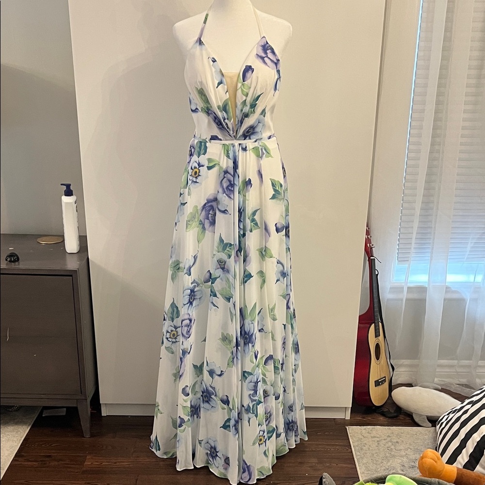Faviana White and Blue Floral Dress